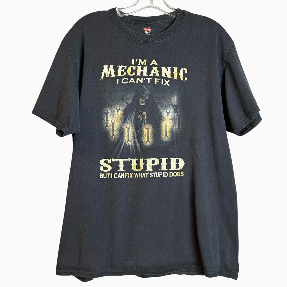 VTG "I'm a mechanic I can't fix stupid" Humor T Shirt Size Large Grim Reaper Tee